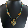 Handcrafted Victorian Floral cloisonné Heart Choker Necklace with Iridescent Shell, Turquoise & Swarovski Crystals – 15"