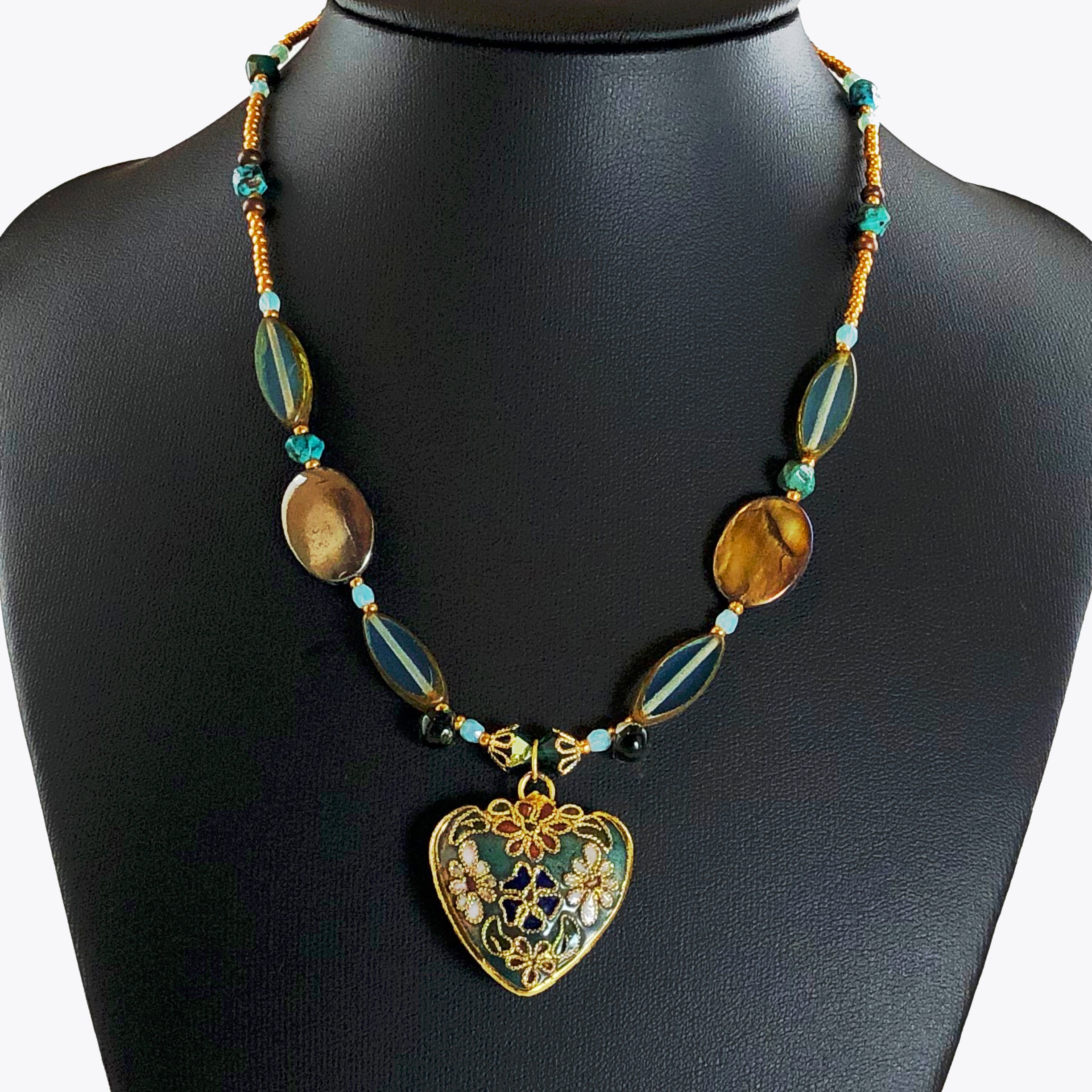 Handcrafted Victorian Floral cloisonné Heart Choker Necklace with Iridescent Shell, Turquoise & Swarovski Crystals – 15"