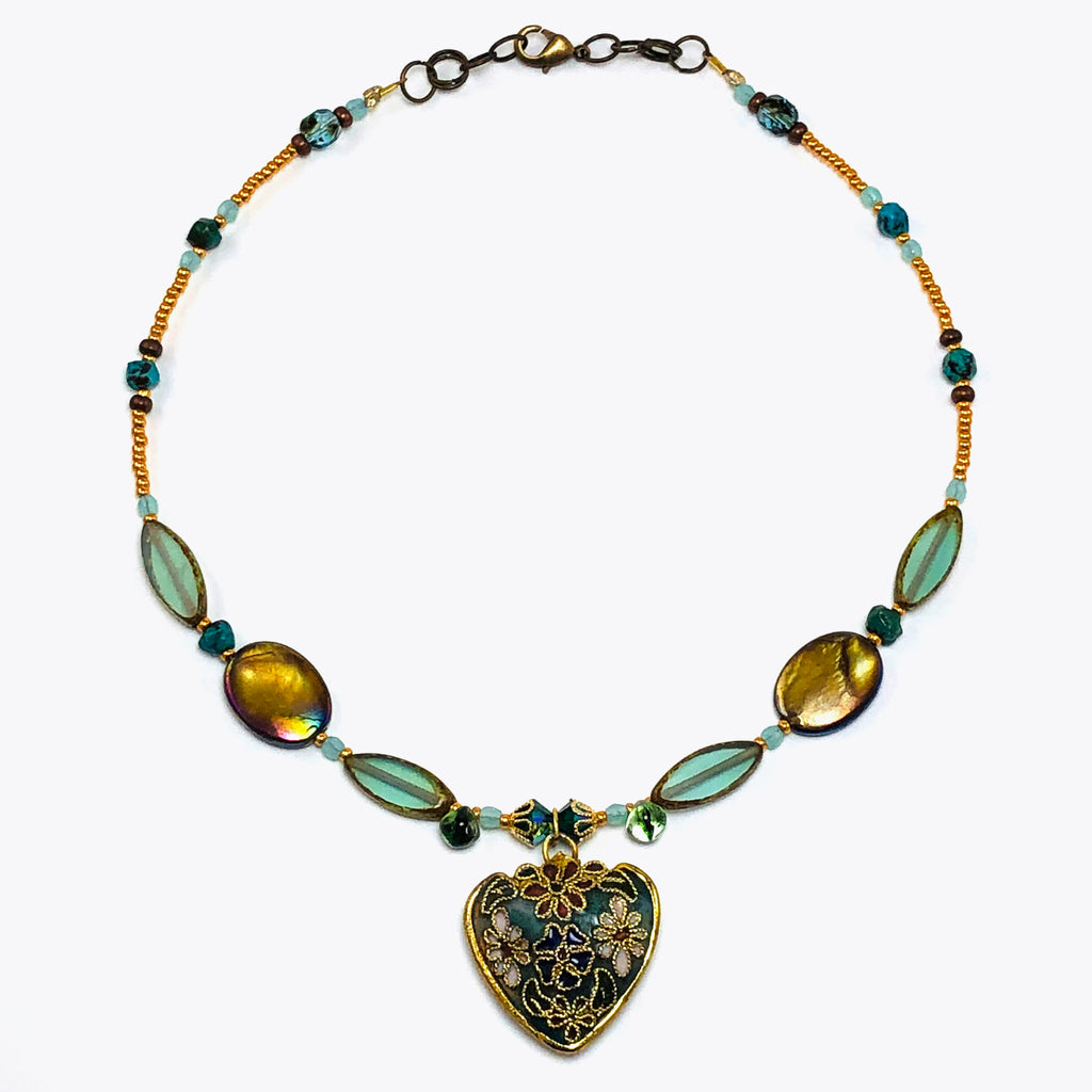 Handcrafted Victorian Floral cloisonné Heart Choker Necklace with Iridescent Shell, Turquoise & Swarovski Crystals – 15"