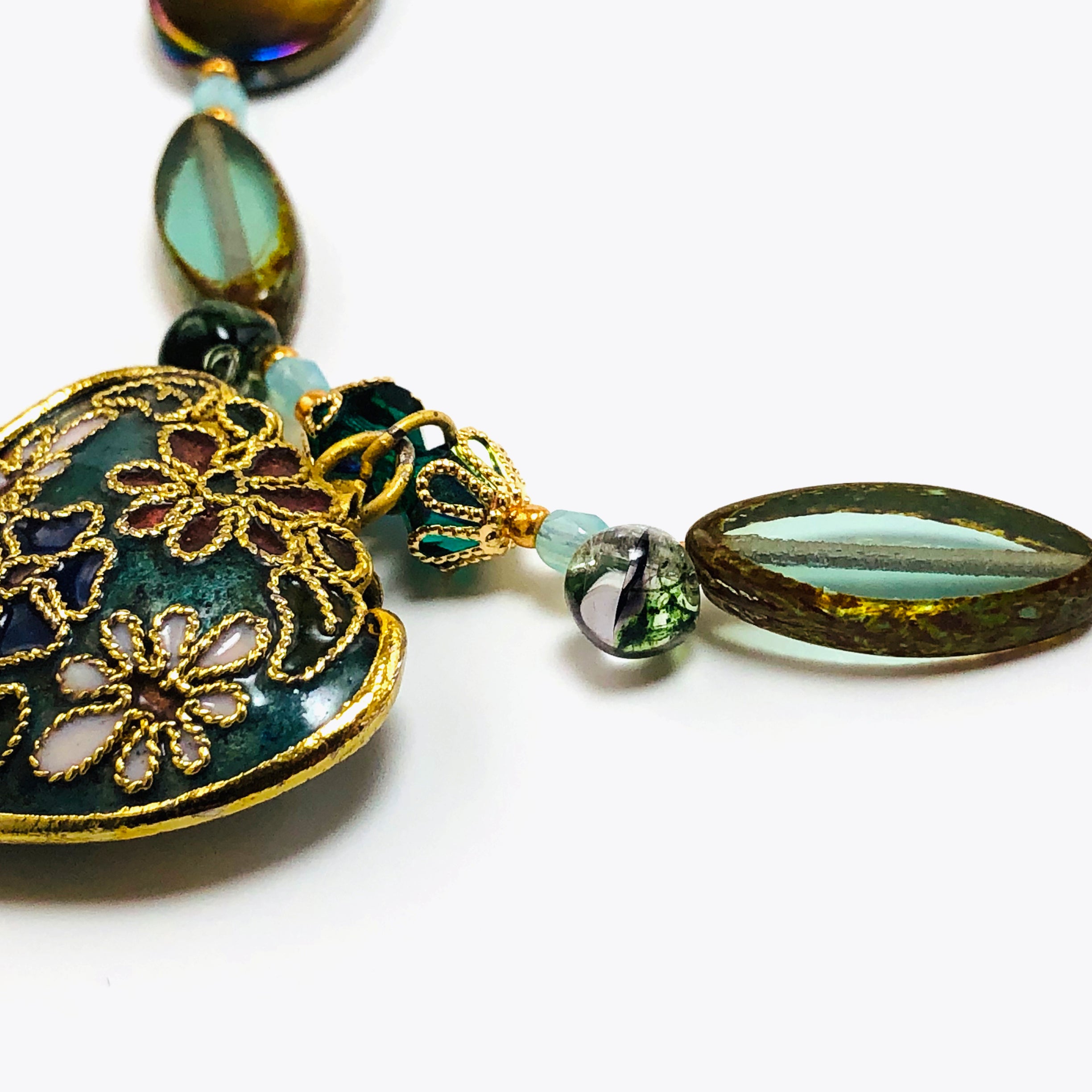 Handcrafted Victorian Floral cloisonné Heart Choker Necklace with Iridescent Shell, Turquoise & Swarovski Crystals – 15"