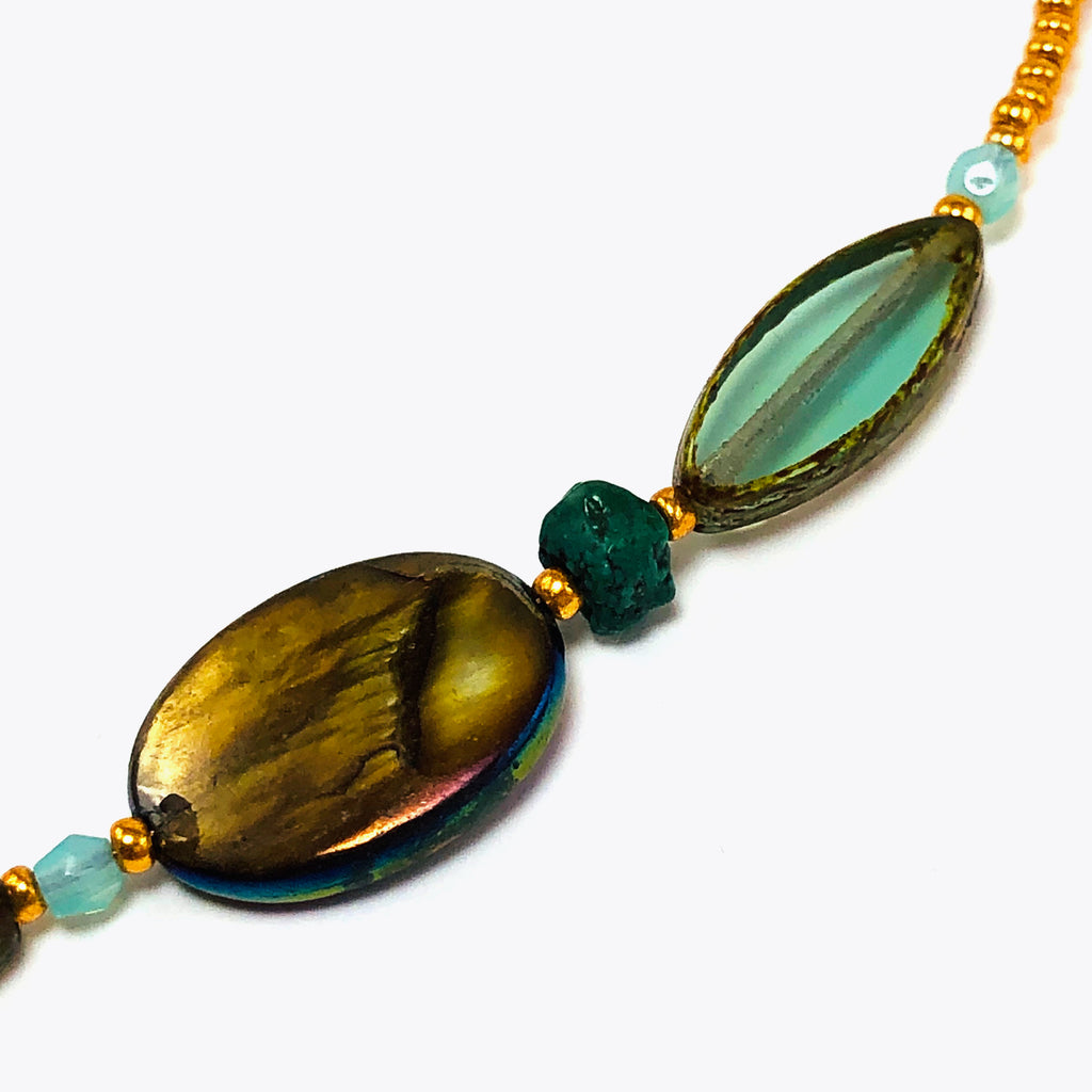 Handcrafted Victorian Floral cloisonné Heart Choker Necklace with Iridescent Shell, Turquoise & Swarovski Crystals – 15"