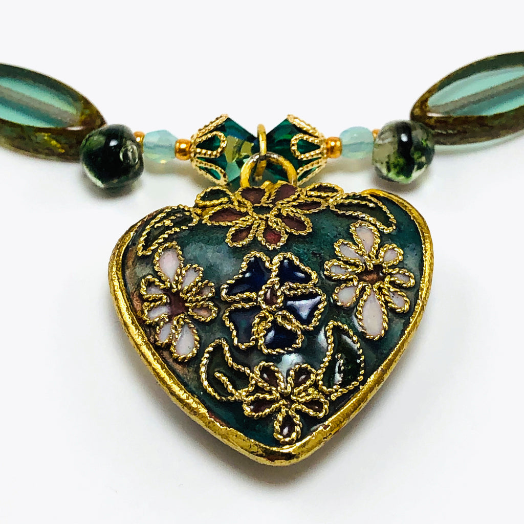 Handcrafted Victorian Floral cloisonné Heart Choker Necklace with Iridescent Shell, Turquoise & Swarovski Crystals – 15"