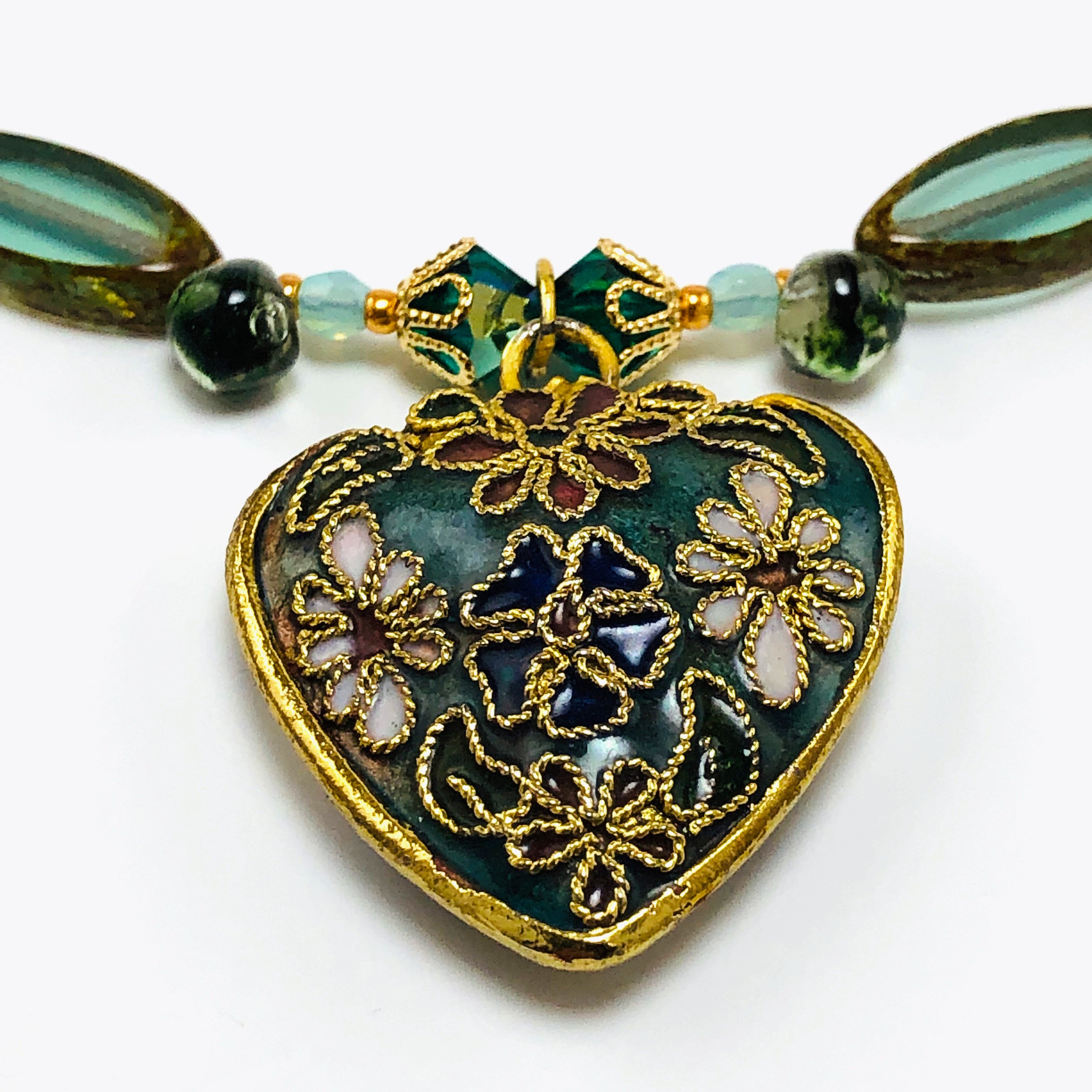 Handcrafted Victorian Floral cloisonné Heart Choker Necklace with Iridescent Shell, Turquoise & Swarovski Crystals – 15"