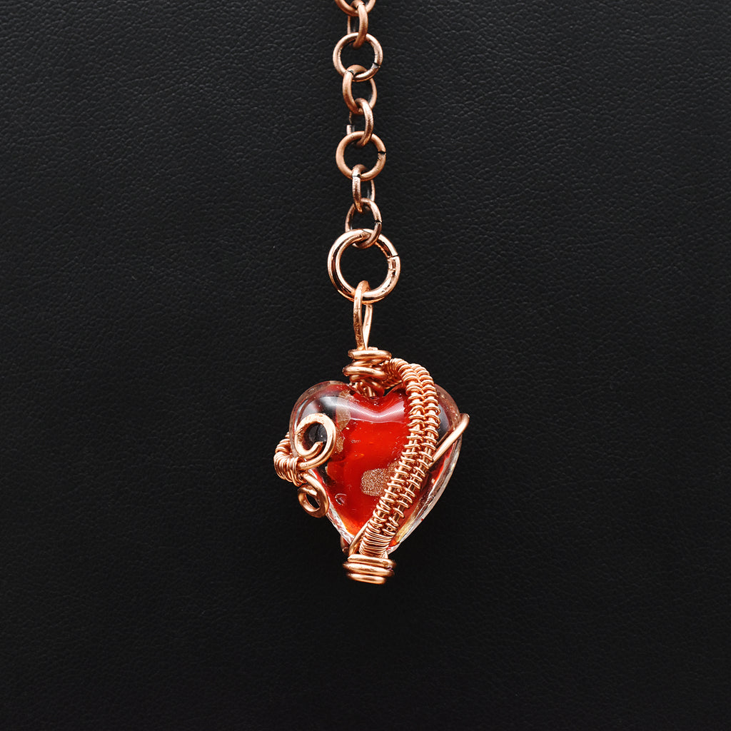 Handcrafted Wire-Wrapped Red Lampwork Glass Heart Pendant on Black Suede Cord Choker – 15.25"