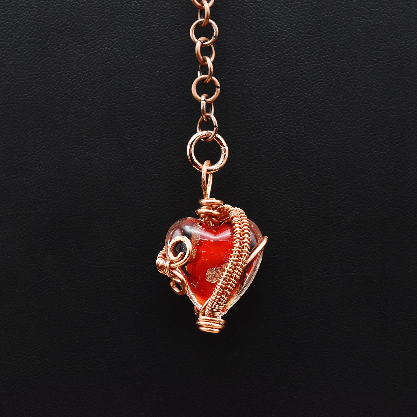 Handcrafted Wire-Wrapped Red Lampwork Glass Heart Pendant on Black Suede Cord Choker – 15.25"