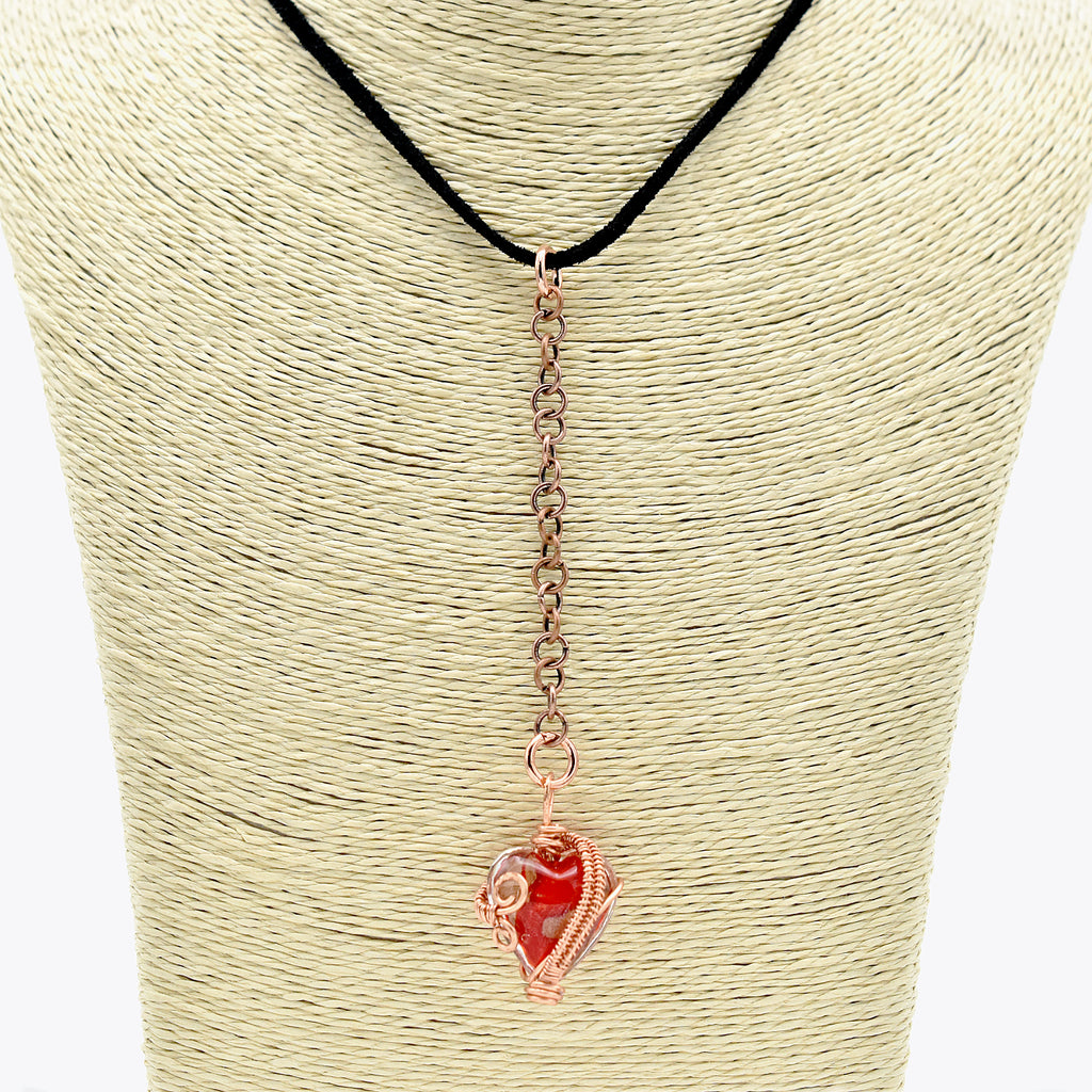 Handcrafted Wire-Wrapped Red Lampwork Glass Heart Pendant on Black Suede Cord Choker – 15.25"