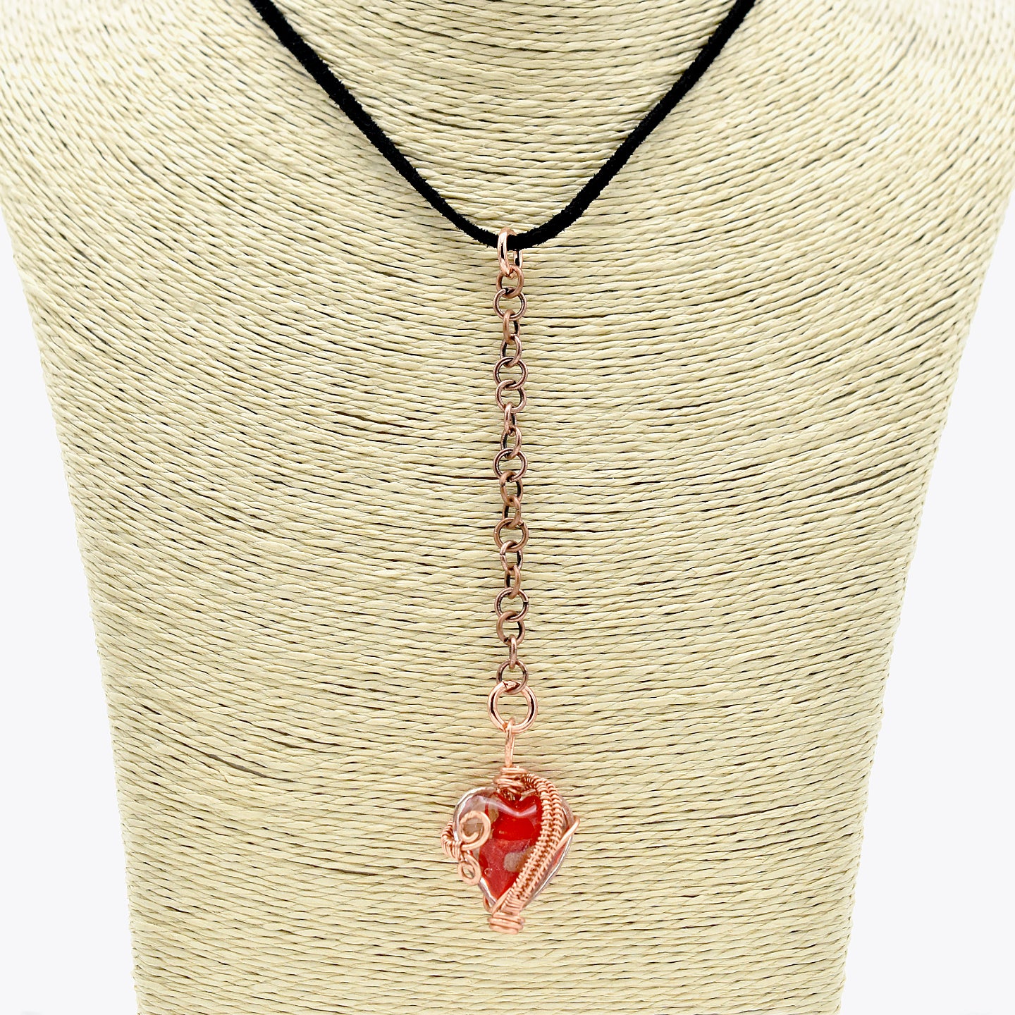 Handcrafted Wire-Wrapped Red Lampwork Glass Heart Pendant on Black Suede Cord Choker – 15.25"