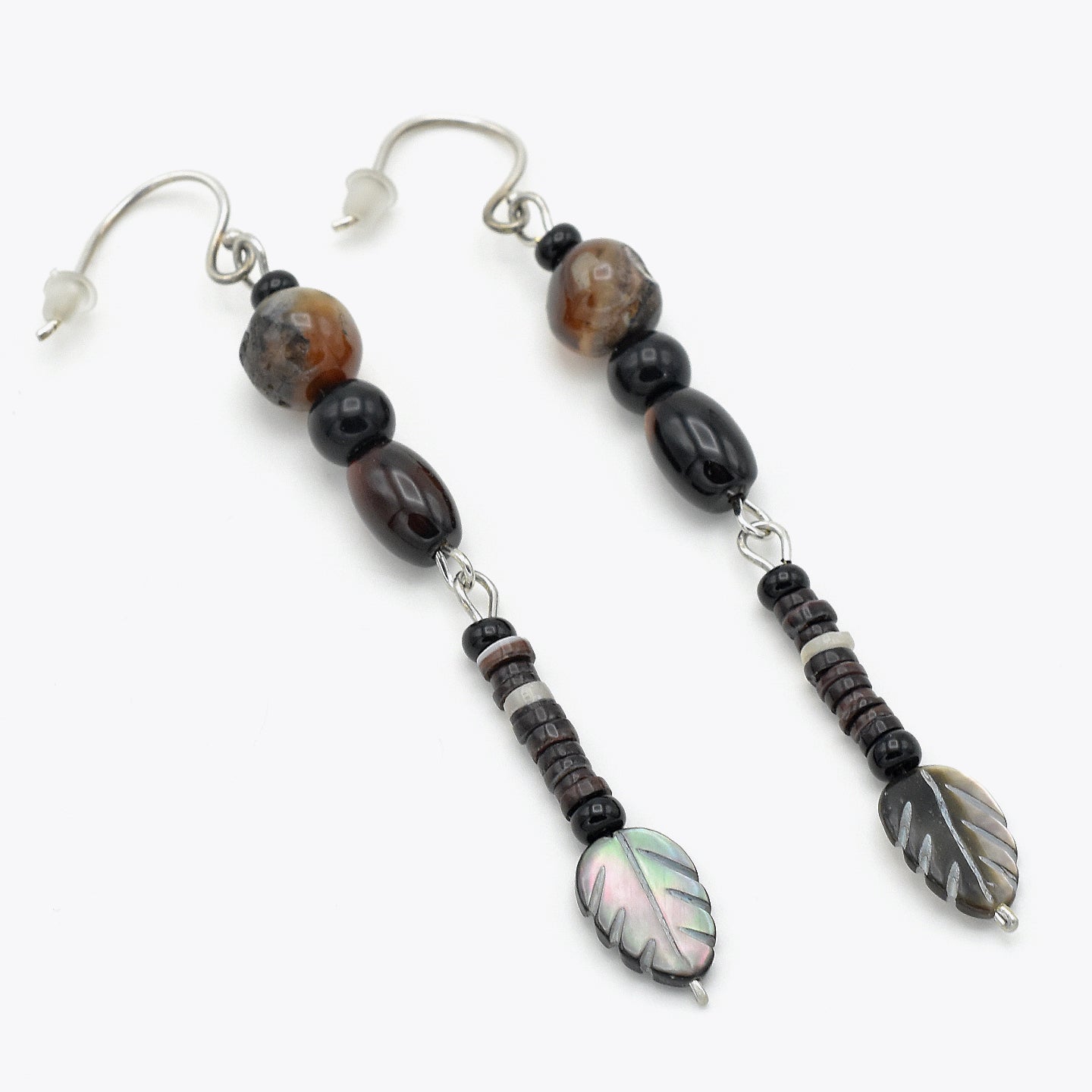 Handmade Brown Agate & Shell Heishi Drop Earrings – Sterling Silver – One of One (3" Length)