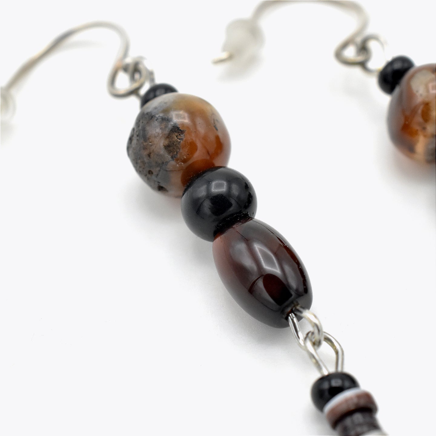 Handmade Brown Agate & Shell Heishi Drop Earrings – Sterling Silver – One of One (3" Length)