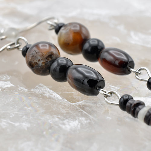 Handmade Brown Agate & Shell Heishi Drop Earrings – Sterling Silver – One of One (3" Length)