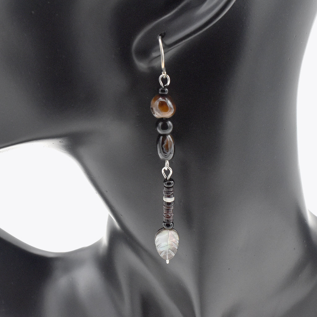 Handmade Brown Agate & Shell Heishi Drop Earrings – Sterling Silver – One of One (3" Length)