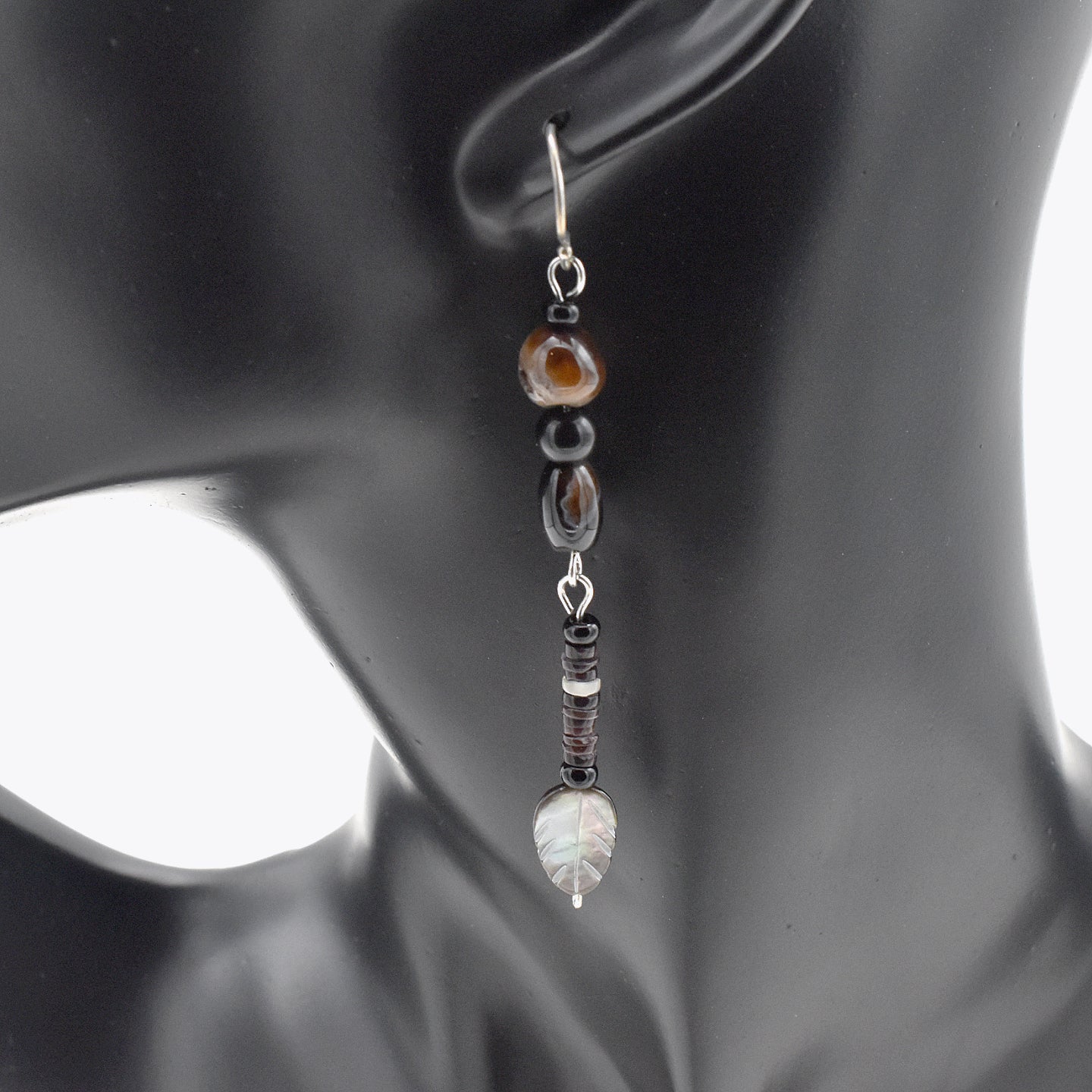 Handmade Brown Agate & Shell Heishi Drop Earrings – Sterling Silver – One of One (3" Length)
