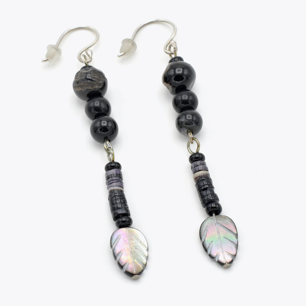 Handmade Black Agate & Shell Heishi Drop Earrings – Sterling Silver – One of One (2.7" Length)