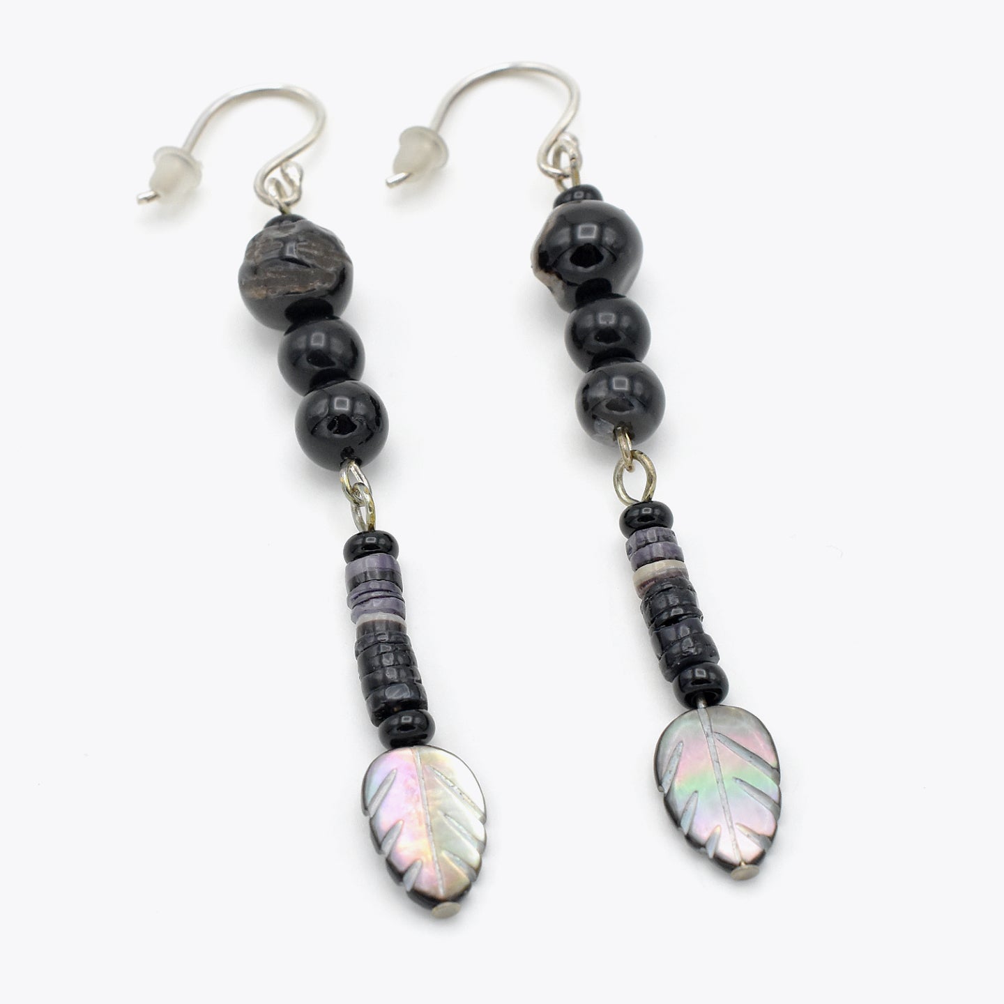 Handmade Black Agate & Shell Heishi Drop Earrings – Sterling Silver – One of One (2.7" Length)