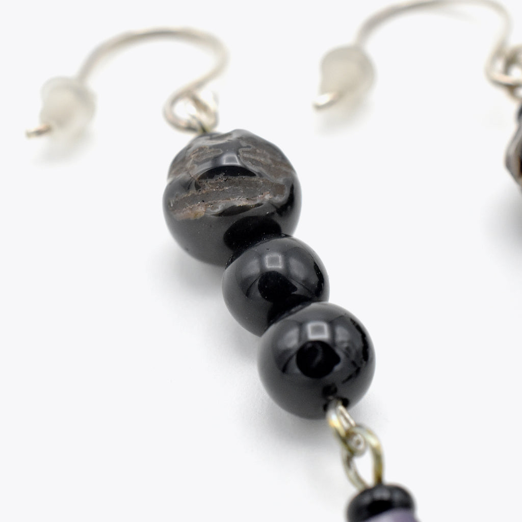 Handmade Black Agate & Shell Heishi Drop Earrings – Sterling Silver – One of One (2.7" Length)