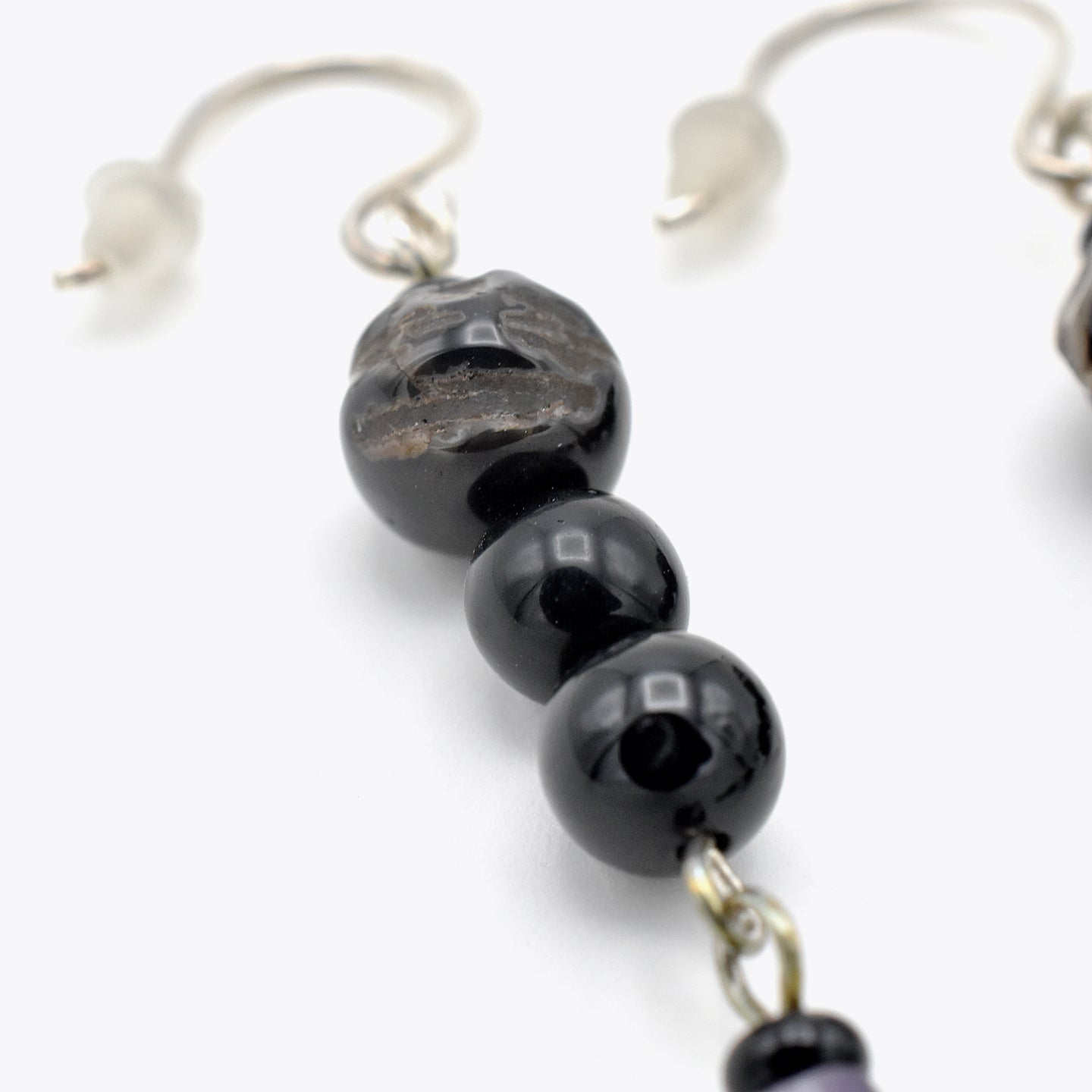 Handmade Black Agate & Shell Heishi Drop Earrings – Sterling Silver – One of One (2.7" Length)