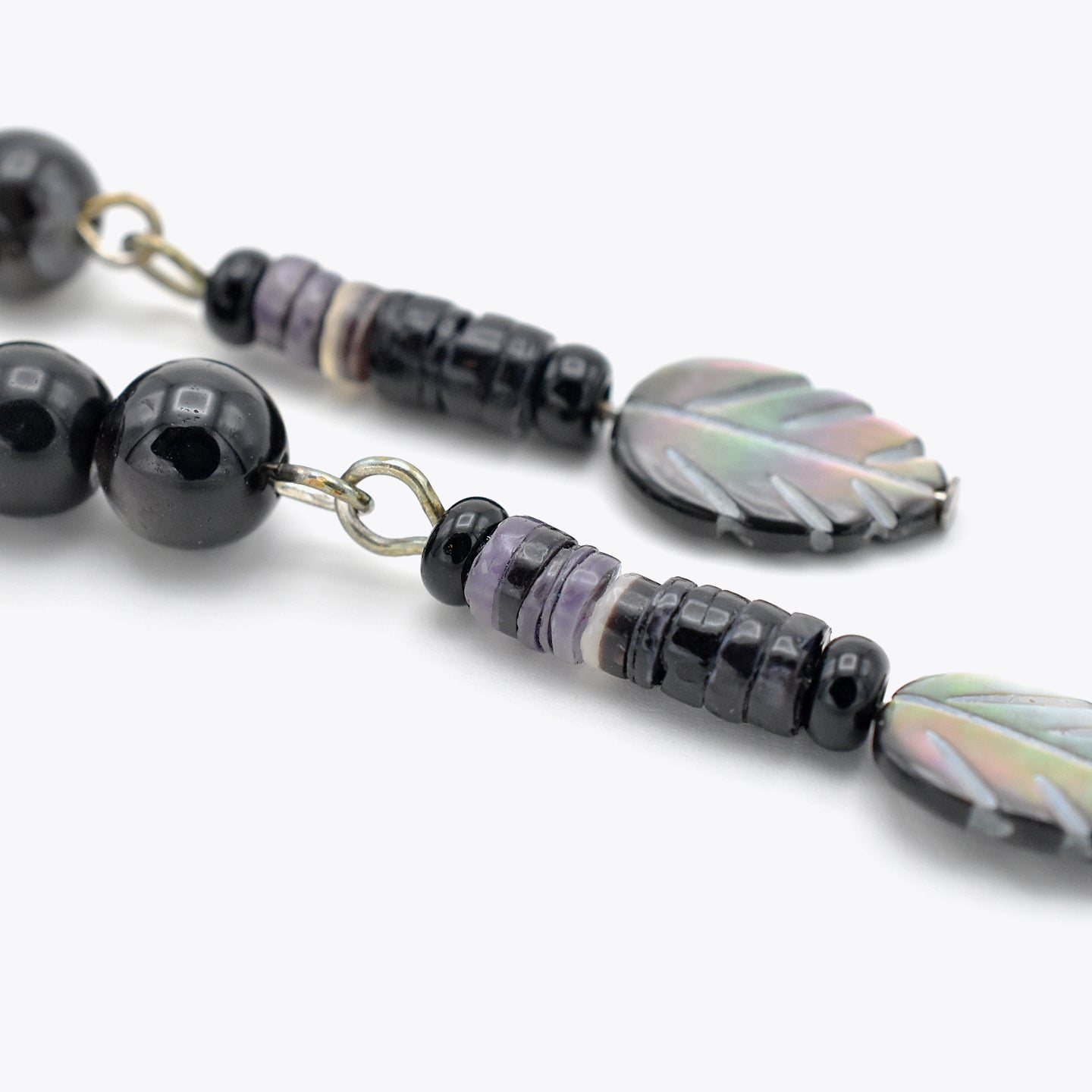 Handmade Black Agate & Shell Heishi Drop Earrings – Sterling Silver – One of One (2.7" Length)
