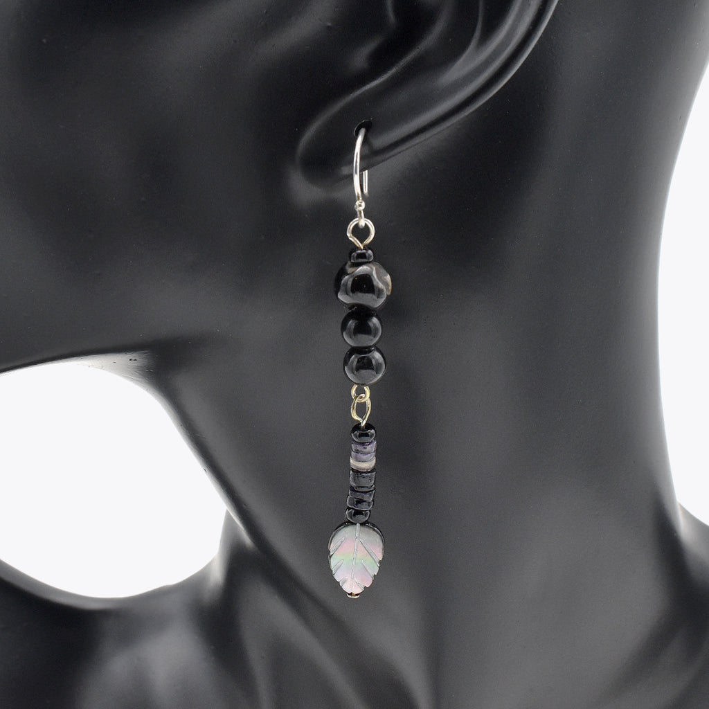 Handmade Black Agate & Shell Heishi Drop Earrings – Sterling Silver – One of One (2.7" Length)