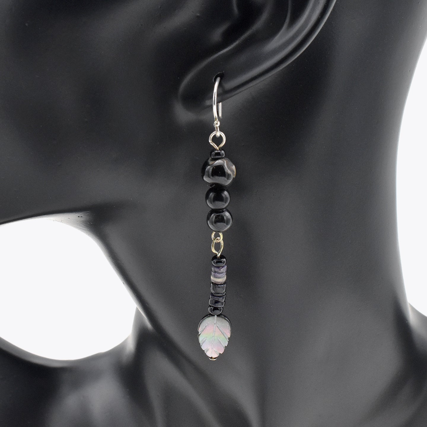 Handmade Black Agate & Shell Heishi Drop Earrings – Sterling Silver – One of One (2.7" Length)