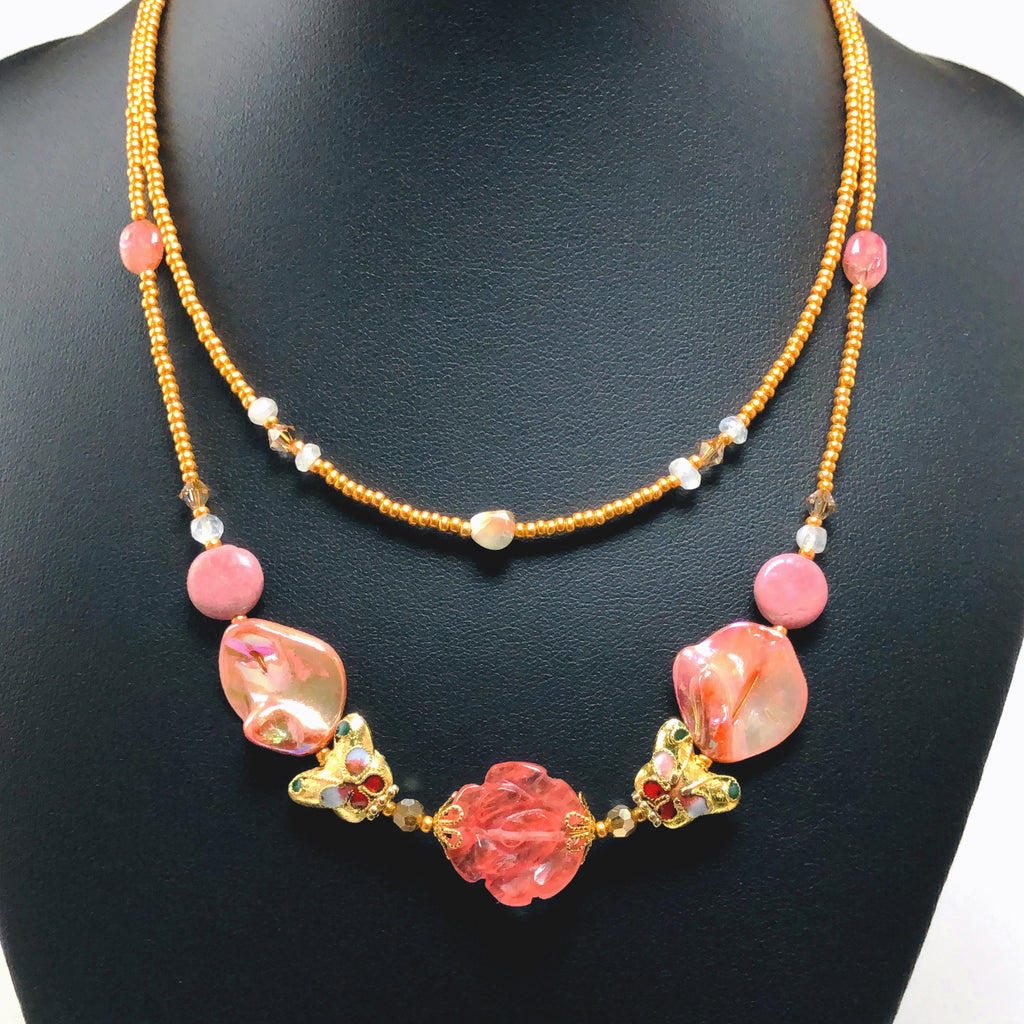 Handcrafted English Pink Rose Double-Strand Choker Necklace with Mother of Pearl Shell, Moonstone & Butterflies – 15"