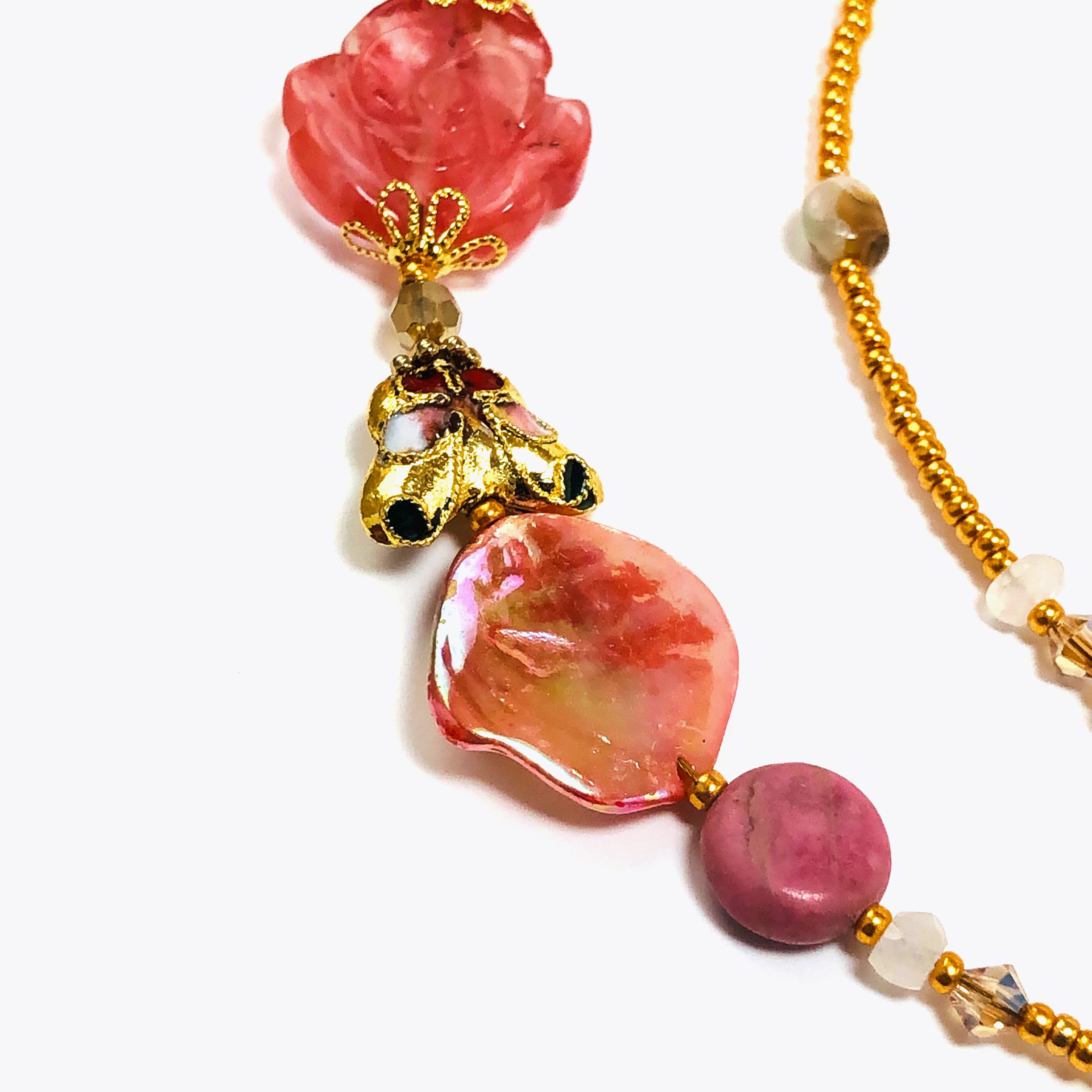 Handcrafted English Pink Rose Double-Strand Choker Necklace with Mother of Pearl Shell, Moonstone & Butterflies – 15"