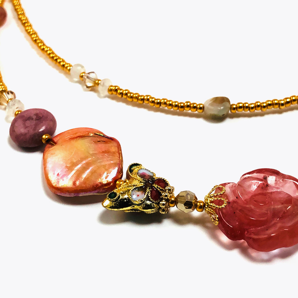 Handcrafted English Pink Rose Double-Strand Choker Necklace with Mother of Pearl Shell, Moonstone & Butterflies – 15"