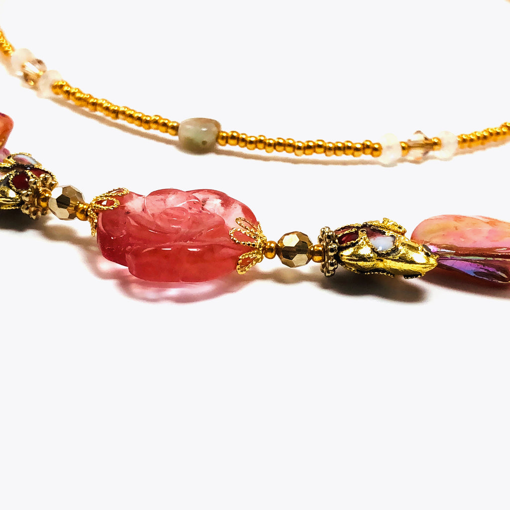 Handcrafted English Pink Rose Double-Strand Choker Necklace with Mother of Pearl Shell, Moonstone & Butterflies – 15"