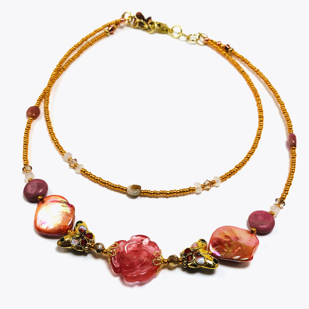 Handcrafted English Pink Rose Double-Strand Choker Necklace with Mother of Pearl Shell, Moonstone & Butterflies – 15"