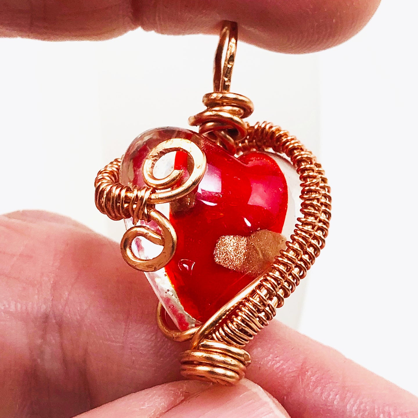 Handcrafted Wire-Wrapped Red Lampwork Glass Heart Pendant on Black Suede Cord Choker – 15.25"