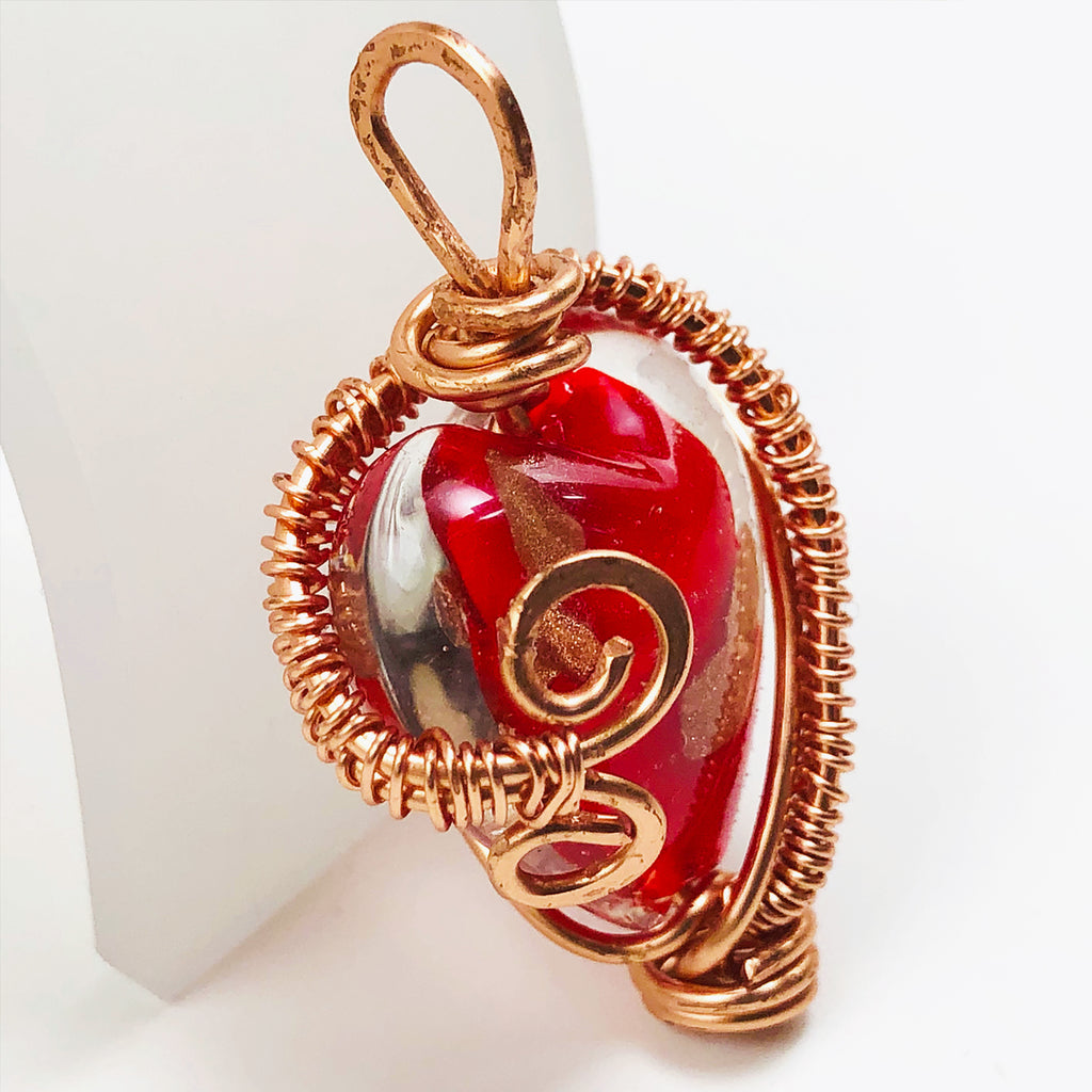 Handcrafted Wire-Wrapped Red Lampwork Glass Heart Pendant on Black Suede Cord Choker – 15.25"