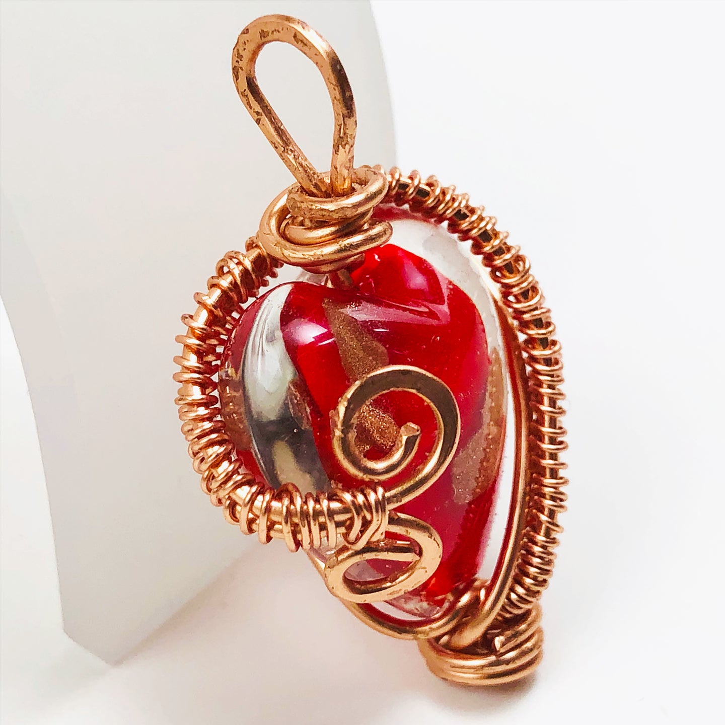 Handcrafted Wire-Wrapped Red Lampwork Glass Heart Pendant on Black Suede Cord Choker – 15.25"