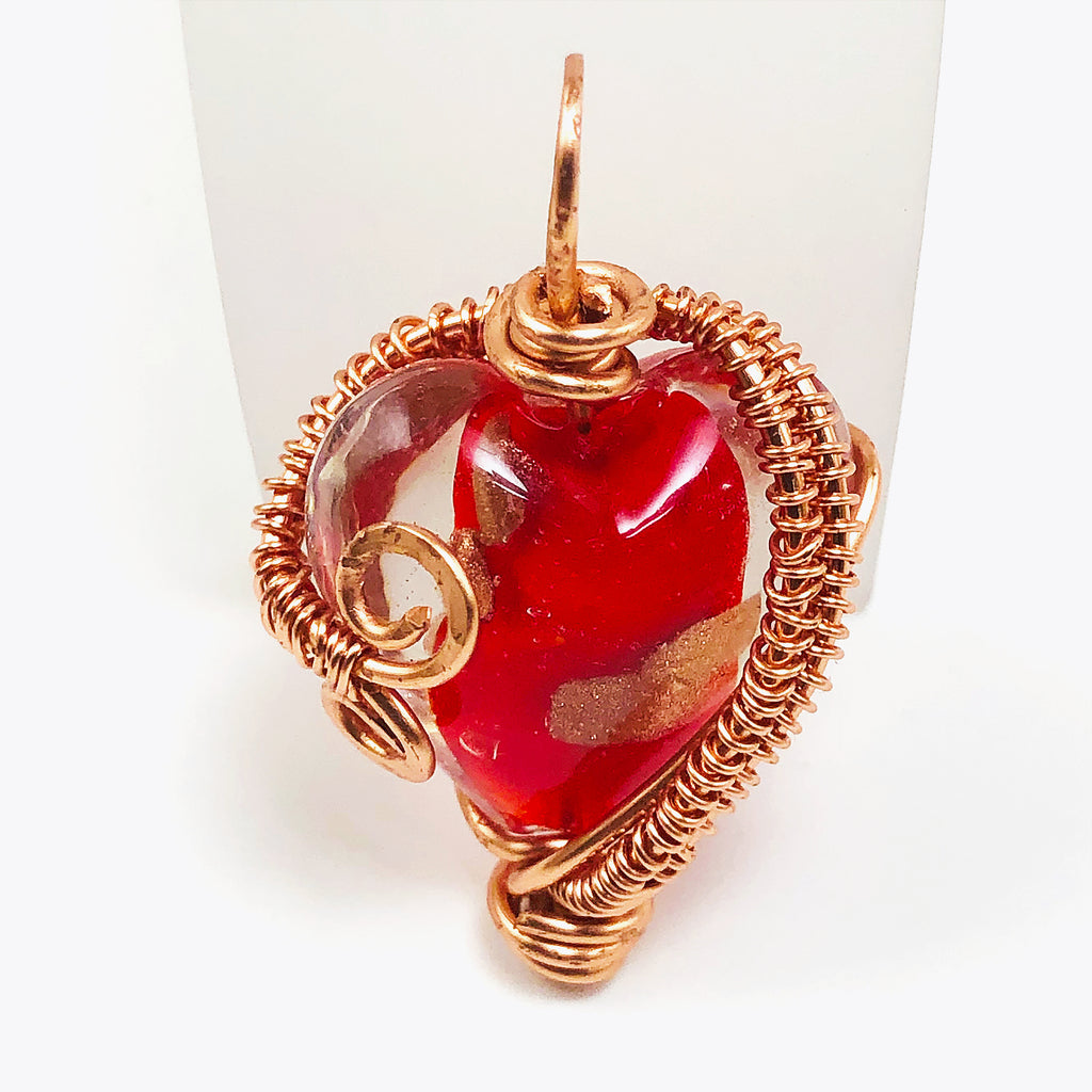 Handcrafted Wire-Wrapped Red Lampwork Glass Heart Pendant on Black Suede Cord Choker – 15.25"