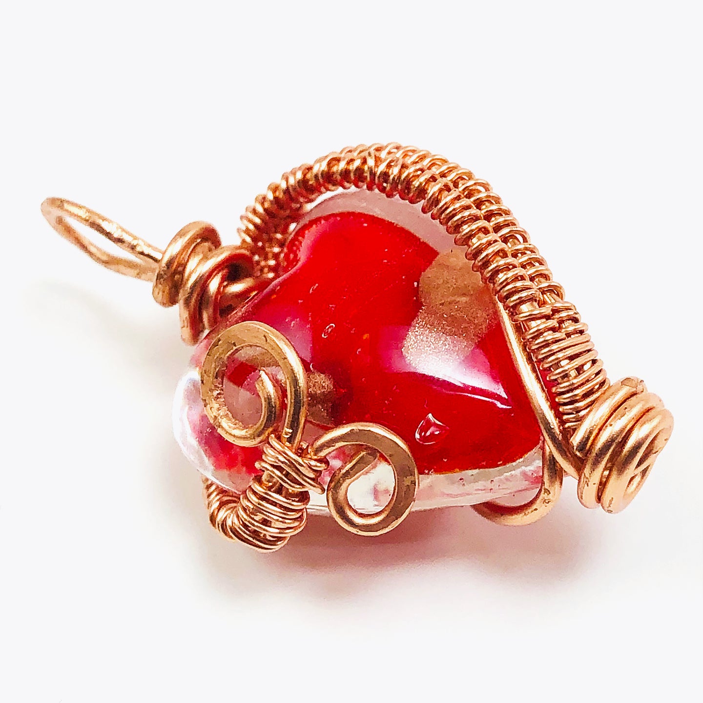 Handcrafted Wire-Wrapped Red Lampwork Glass Heart Pendant on Black Suede Cord Choker – 15.25"
