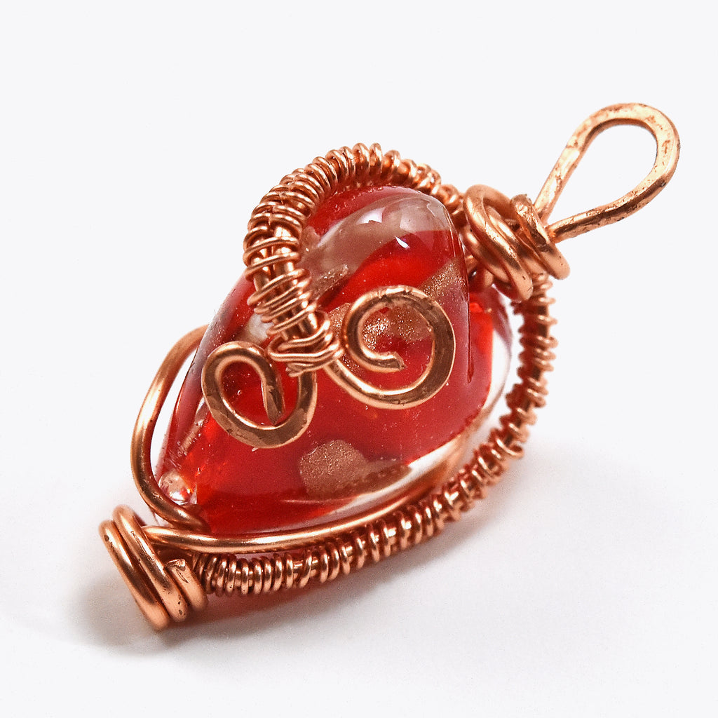 Handcrafted Wire-Wrapped Red Lampwork Glass Heart Pendant on Black Suede Cord Choker – 15.25"