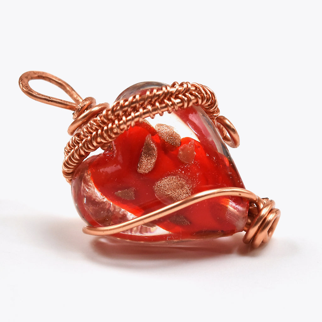 Handcrafted Wire-Wrapped Red Lampwork Glass Heart Pendant on Black Suede Cord Choker – 15.25"