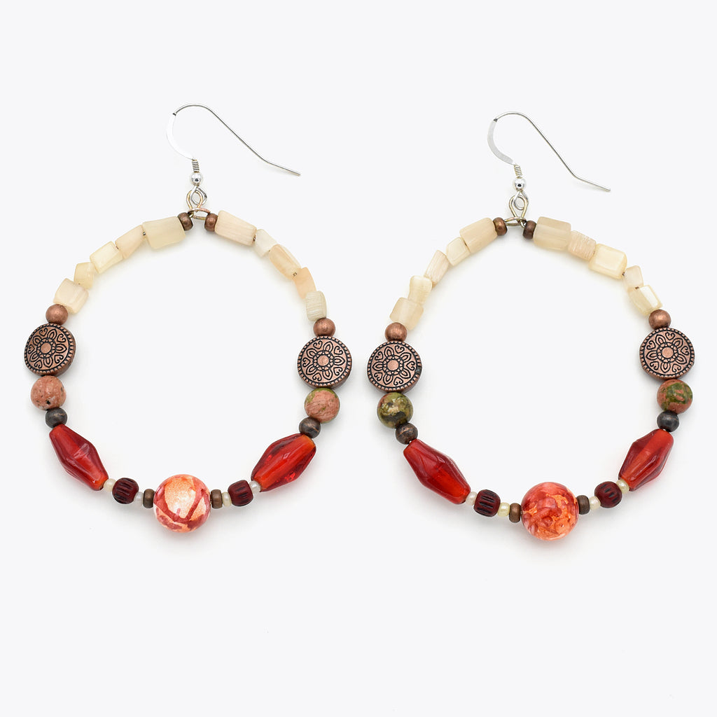 Tribal Red Hoops – Handmade Earrings with Glass, Bone & Natural Stone on Sterling Silver Ear Wires