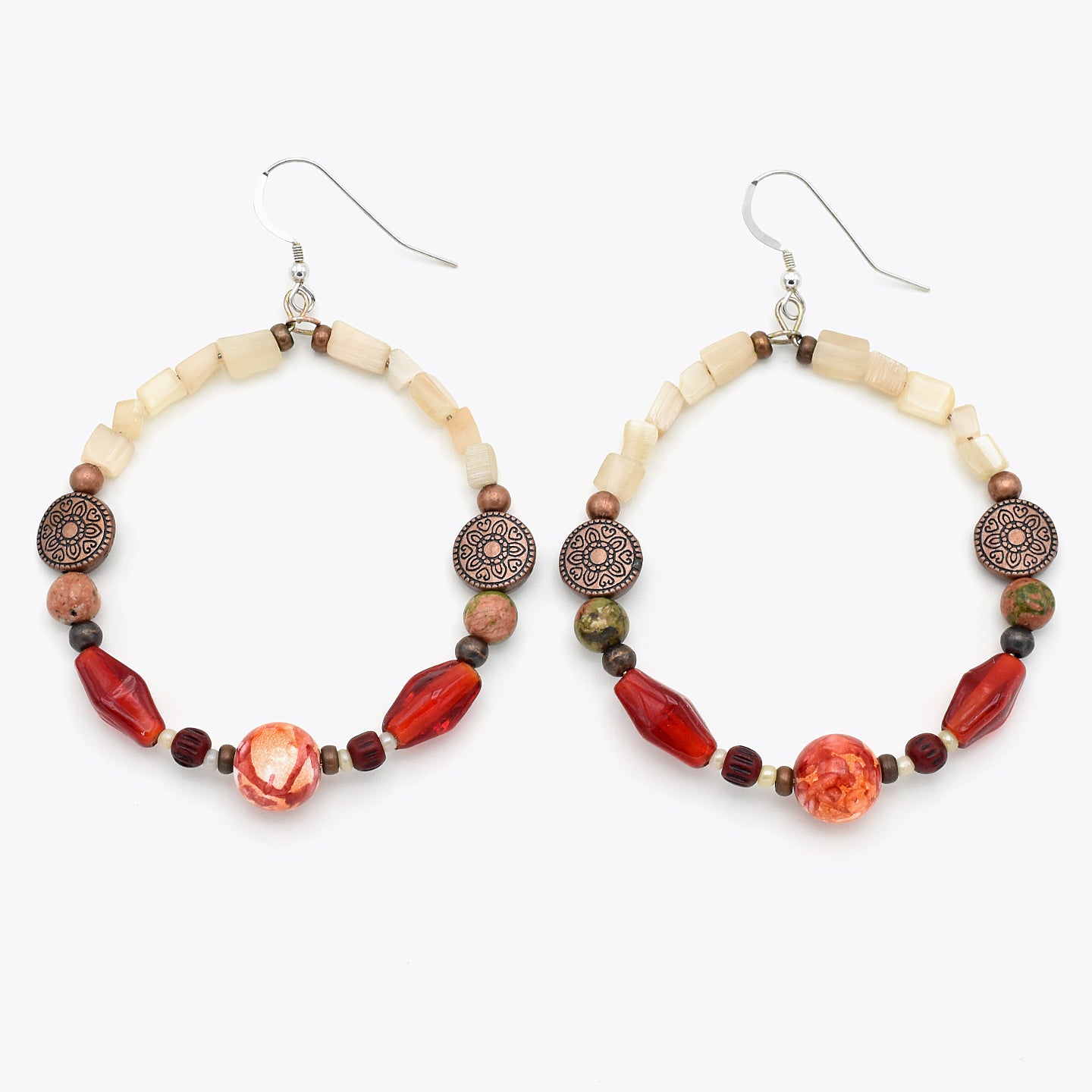 Tribal Red Hoops – Handmade Earrings with Glass, Bone & Natural Stone on Sterling Silver Ear Wires