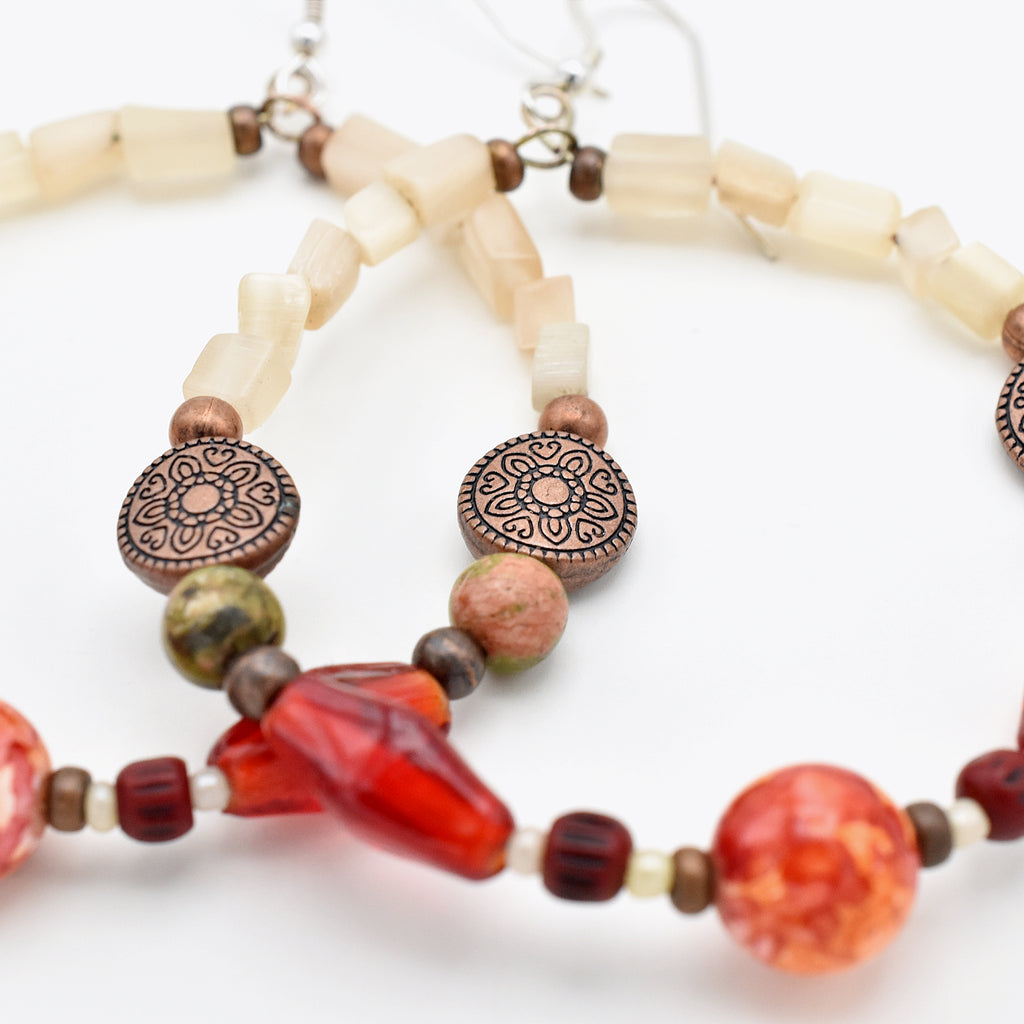 Tribal Red Hoops – Handmade Earrings with Glass, Bone & Natural Stone on Sterling Silver Ear Wires