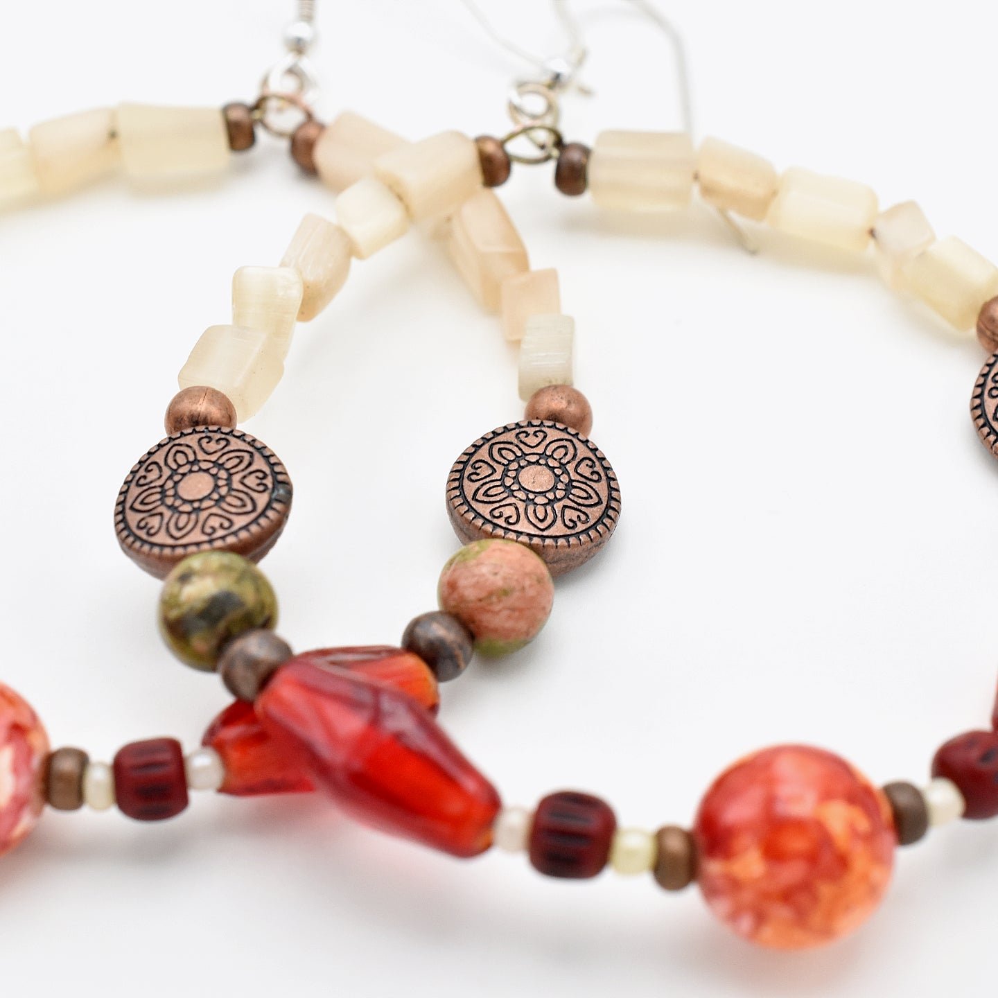 Tribal Red Hoops – Handmade Earrings with Glass, Bone & Natural Stone on Sterling Silver Ear Wires