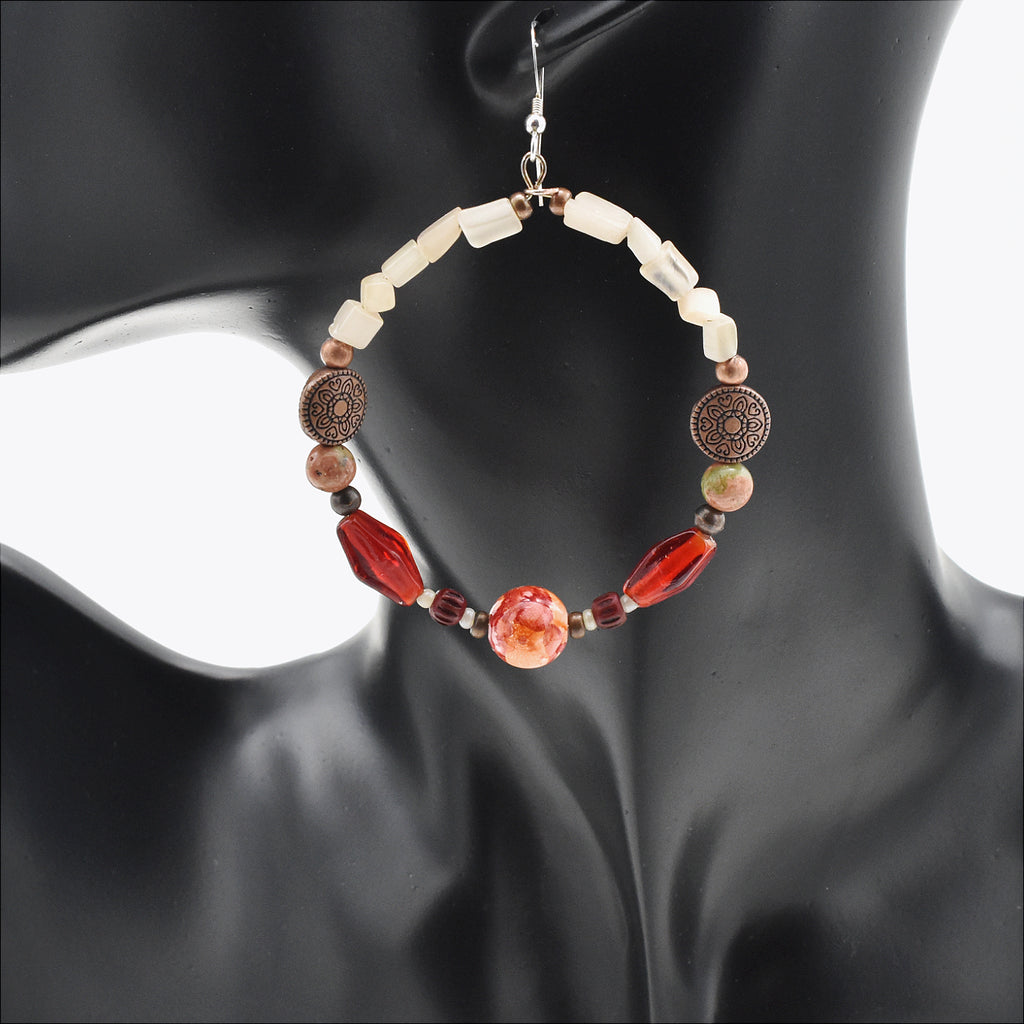 Tribal Red Hoops – Handmade Earrings with Glass, Bone & Natural Stone on Sterling Silver Ear Wires