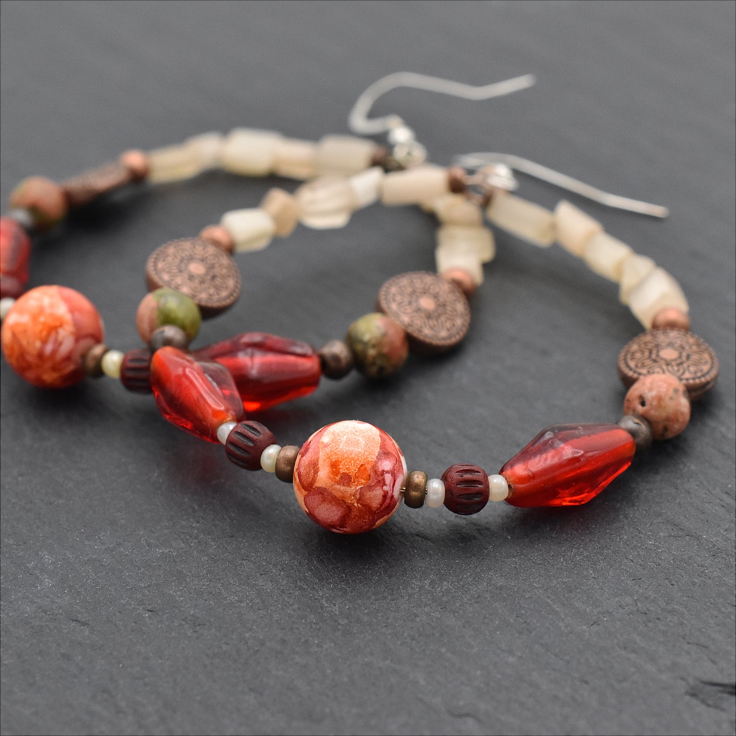 Tribal Red Hoops – Handmade Earrings with Glass, Bone & Natural Stone on Sterling Silver Ear Wires