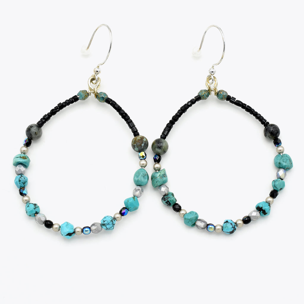 Turquoise Hoops – Handmade Turquoise & African Jasper Earrings with Sterling Silver Ear Wires