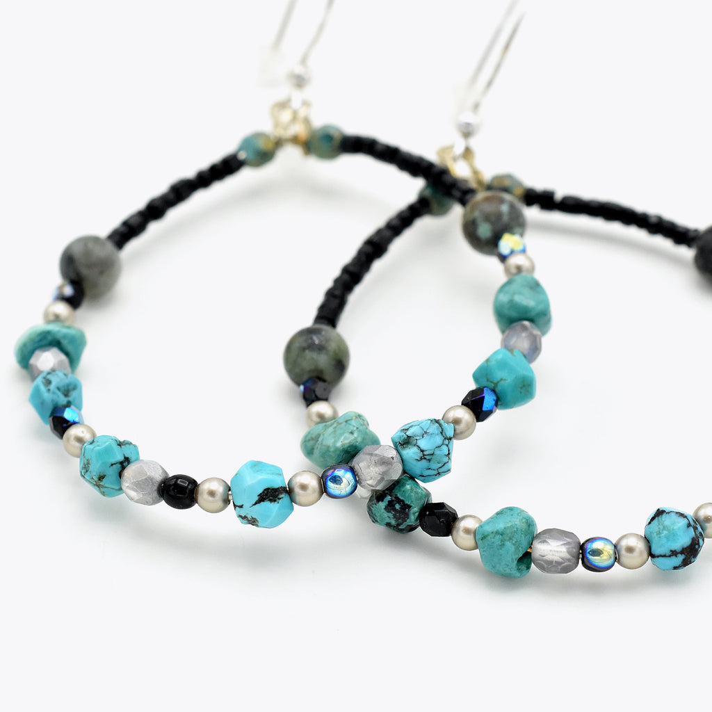 Turquoise Hoops – Handmade Turquoise & African Jasper Earrings with Sterling Silver Ear Wires