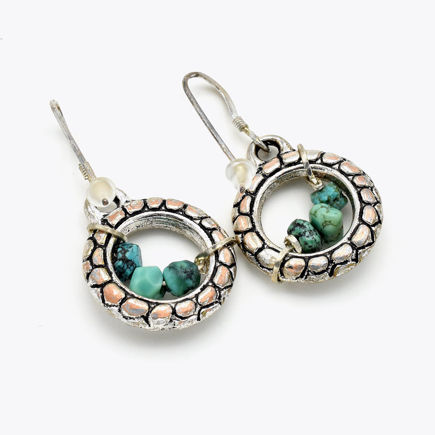 Turquoise Nugget Hoops – Handmade Earrings with Sterling Silver Ear Wires & Pewter Accents