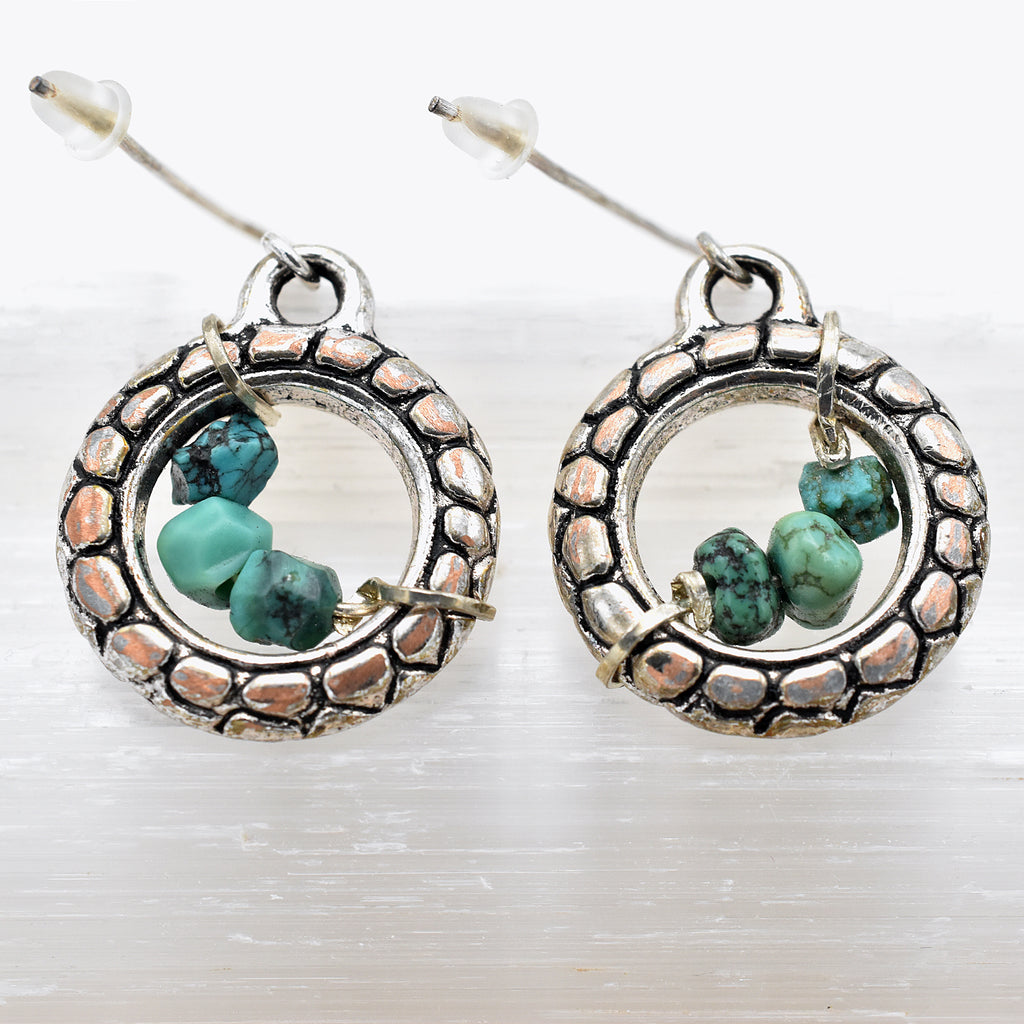 Turquoise Nugget Hoops – Handmade Earrings with Sterling Silver Ear Wires & Pewter Accents