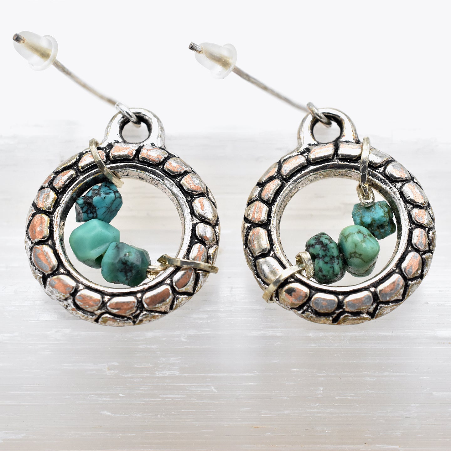 Turquoise Nugget Hoops – Handmade Earrings with Sterling Silver Ear Wires & Pewter Accents