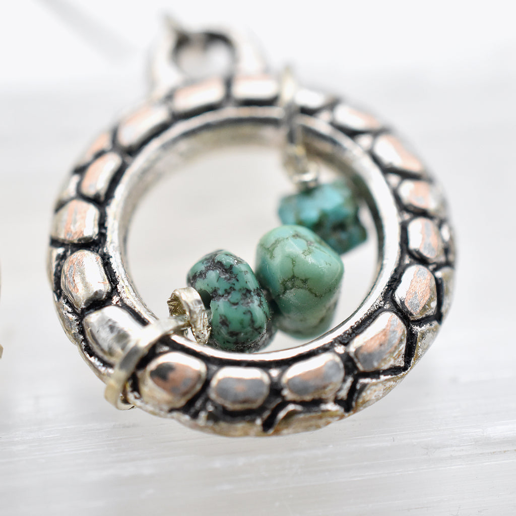 Turquoise Nugget Hoops – Handmade Earrings with Sterling Silver Ear Wires & Pewter Accents