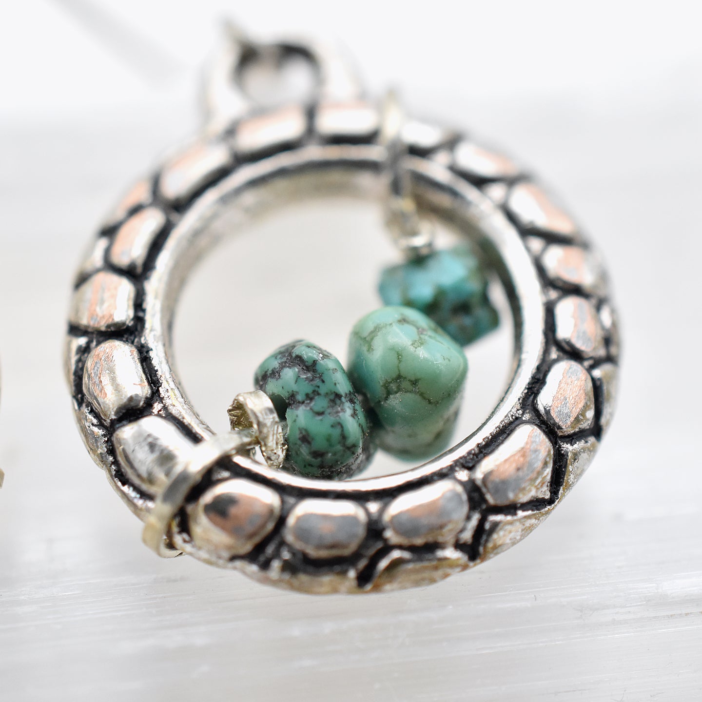 Turquoise Nugget Hoops – Handmade Earrings with Sterling Silver Ear Wires & Pewter Accents